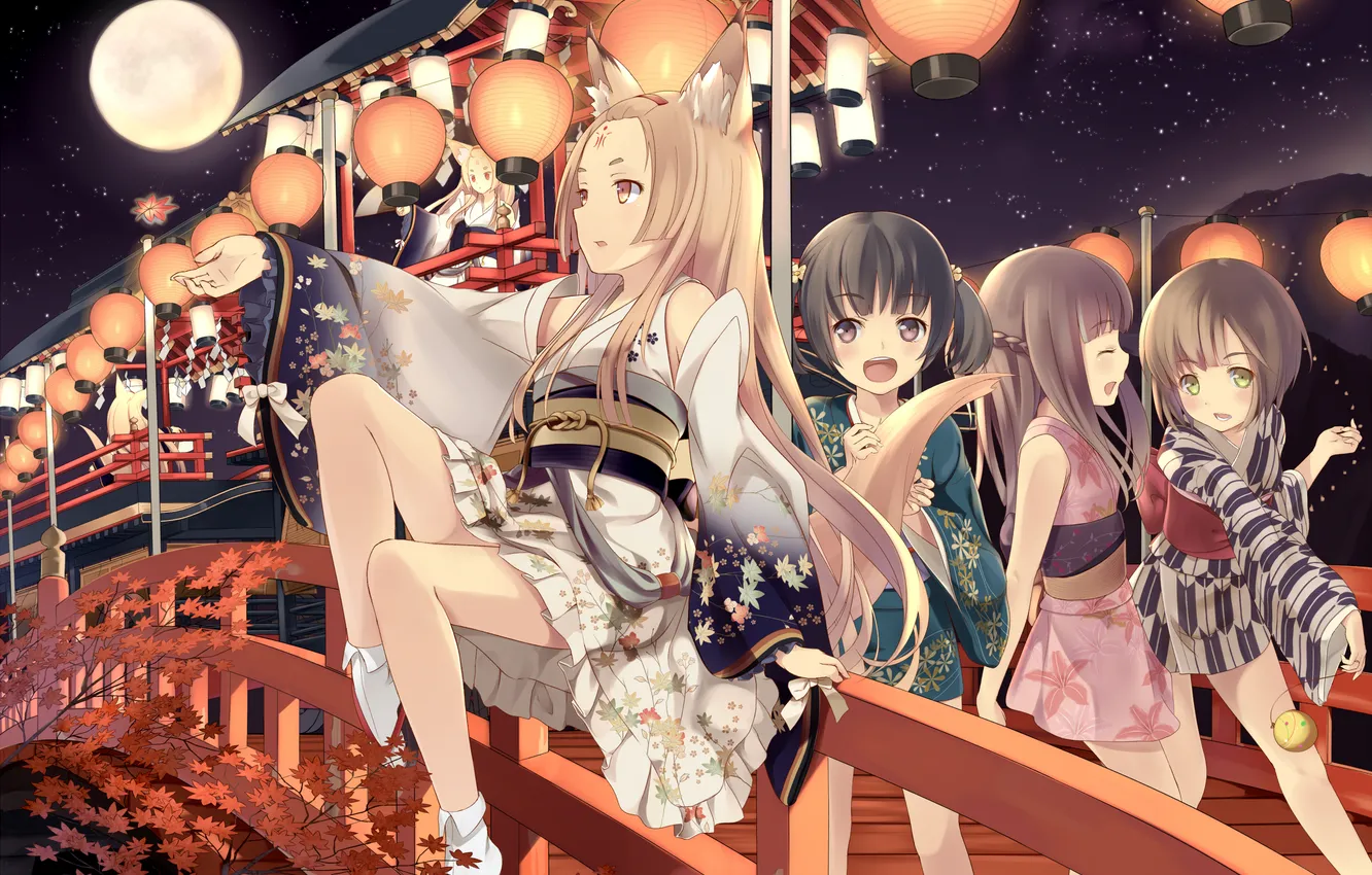 Photo wallpaper girl, night, bridge, the moon, lights, kimono, ears, Fox