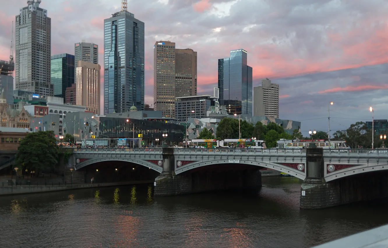 Photo wallpaper the sky, clouds, bridge, river, transport, home, skyscrapers, the evening