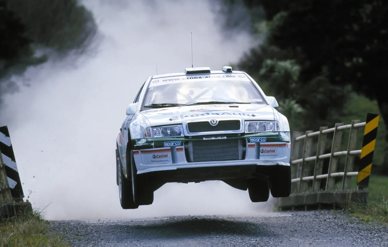 Photo wallpaper road, flight, dust, WRC, Skoda, Octavia