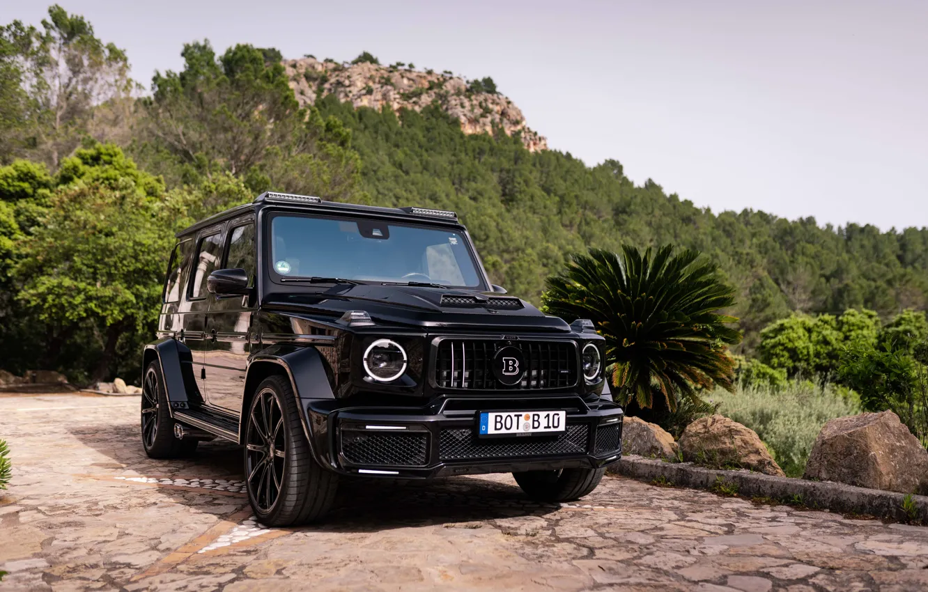 Photo wallpaper Mercedes, Brabus, Front, Black, Mountain, Side, Mercedes - Benz, Forest