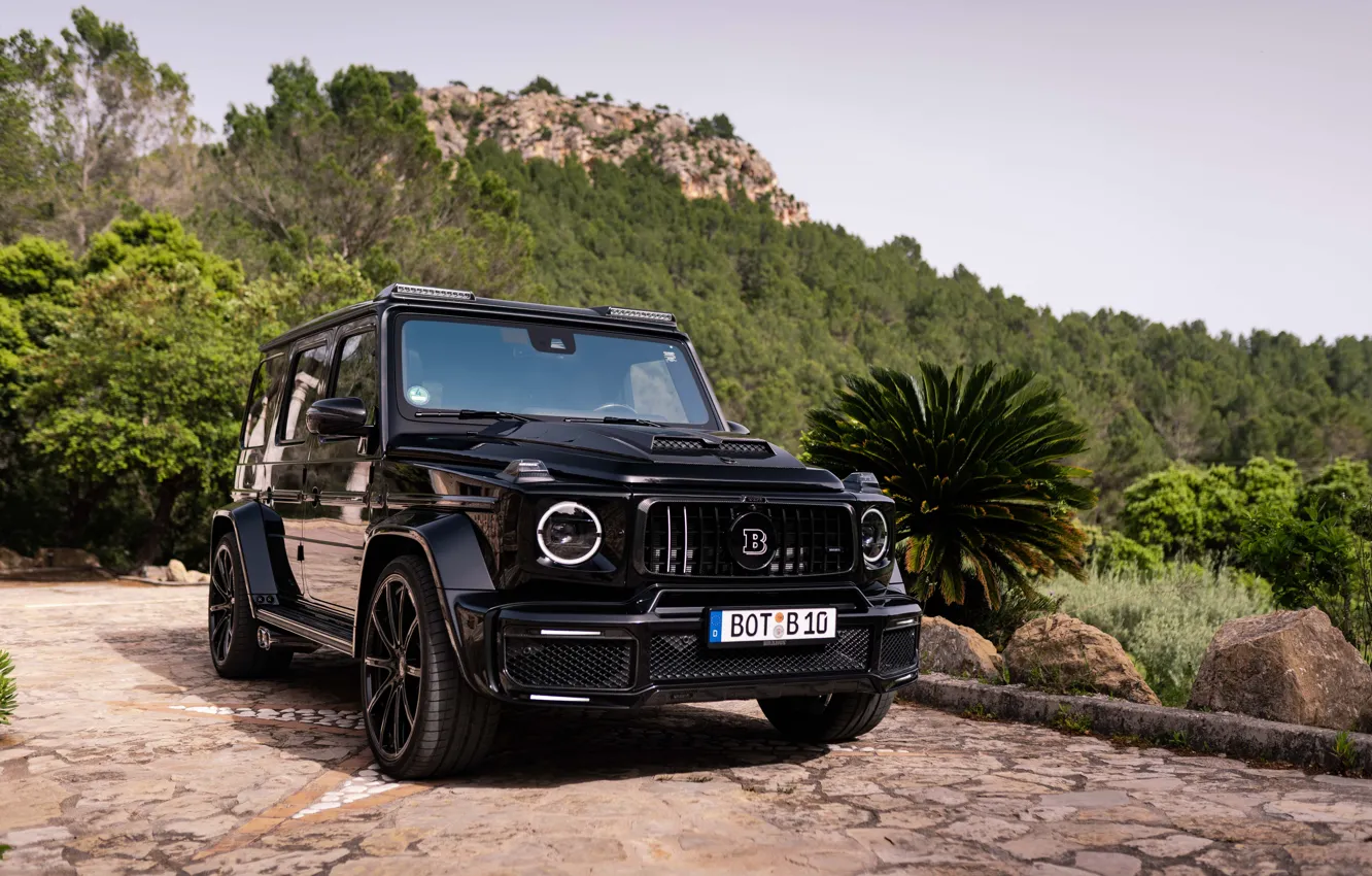 Photo wallpaper Mercedes, Brabus, forest, black, Front, mountain, Side, Mercedes - Benz