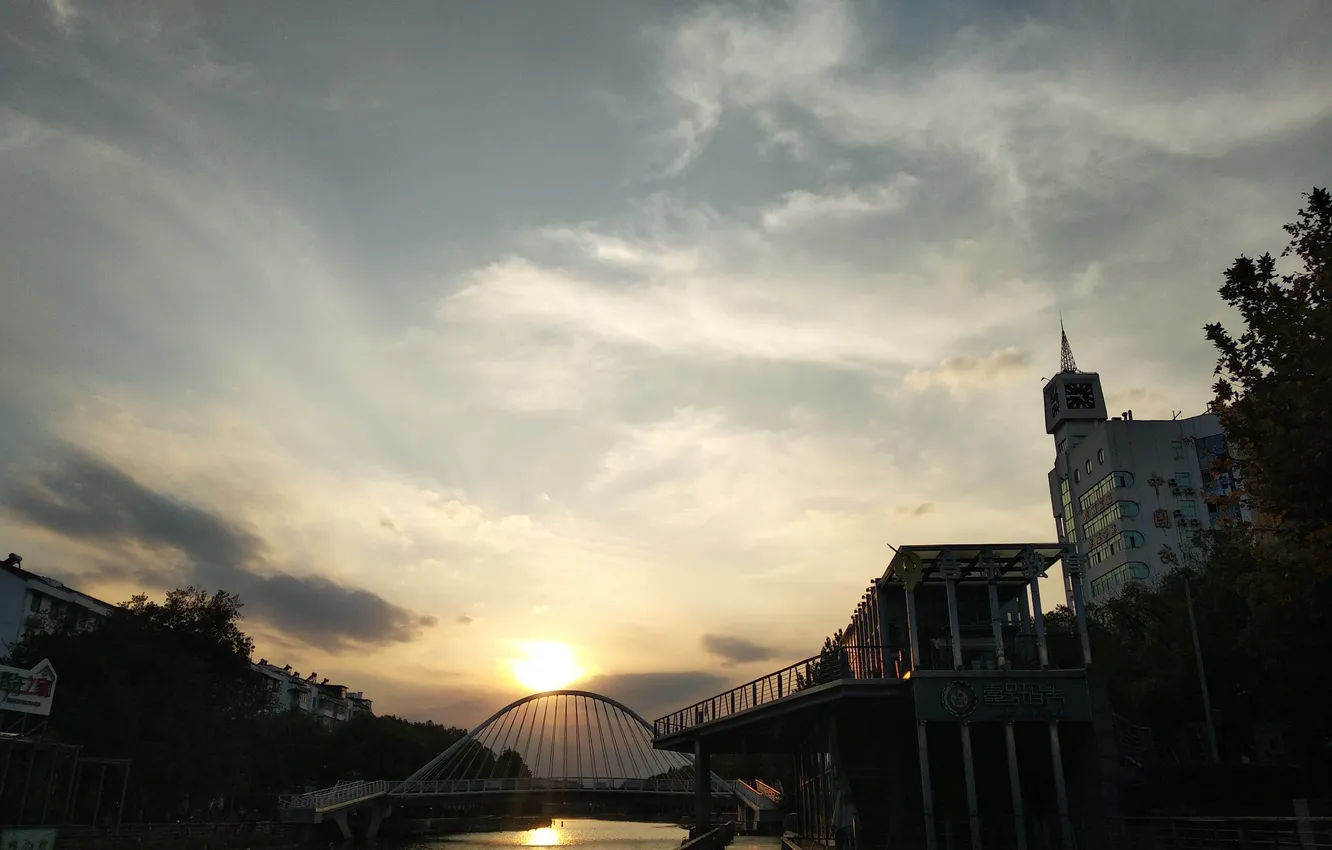 Photo wallpaper bridge, sunset, buiding