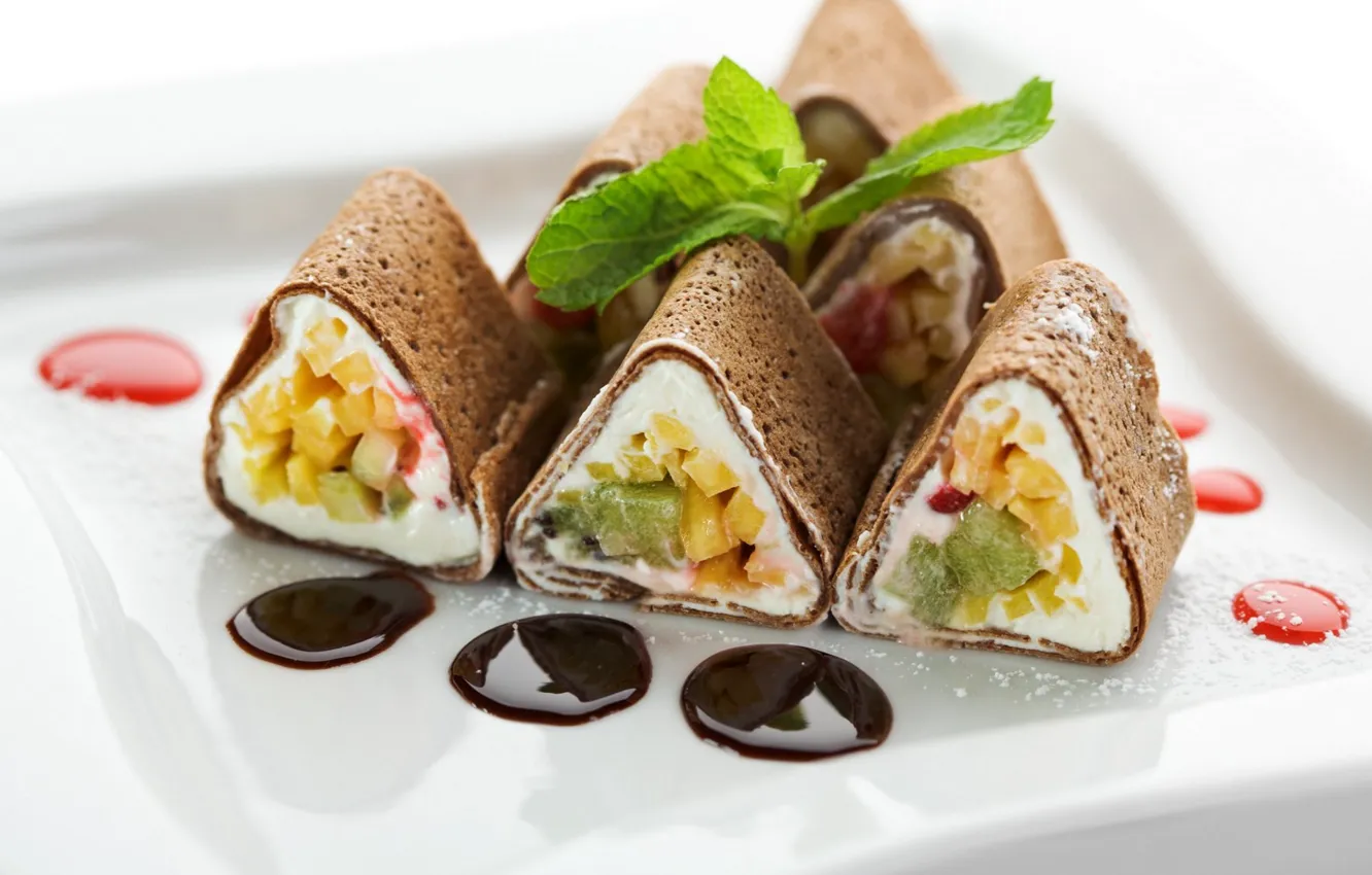 Photo wallpaper fruit, pancakes, mint, dessert, sauce
