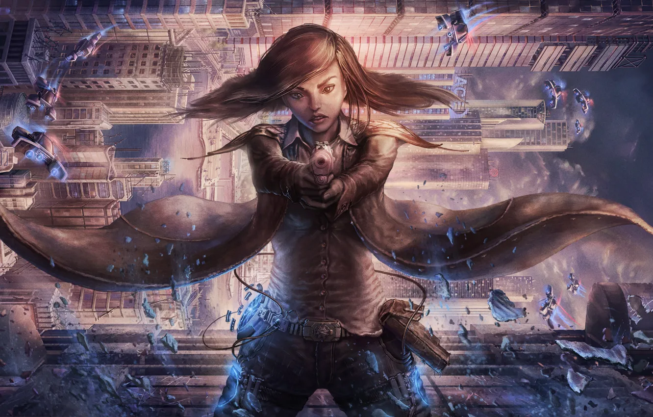 Photo wallpaper girl, the city, gun, fiction, skyscrapers, cloak, cyberpunk, antigravity