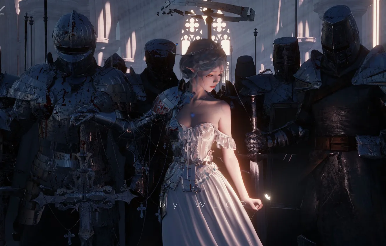Photo wallpaper girl, sword, fantasy, soldier, cathedral, armor, army, elf