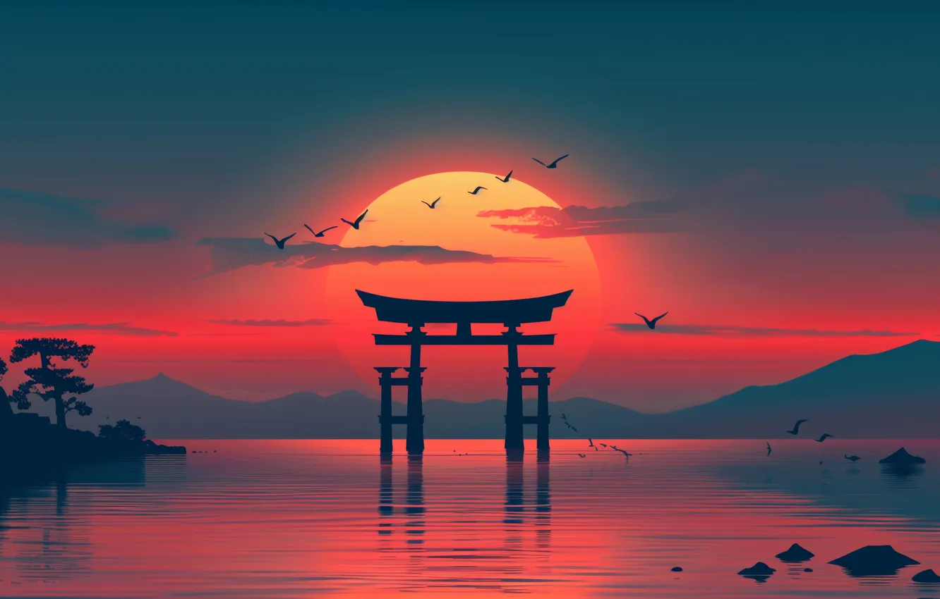 Photo wallpaper golden, sunset, glow, lake, birds