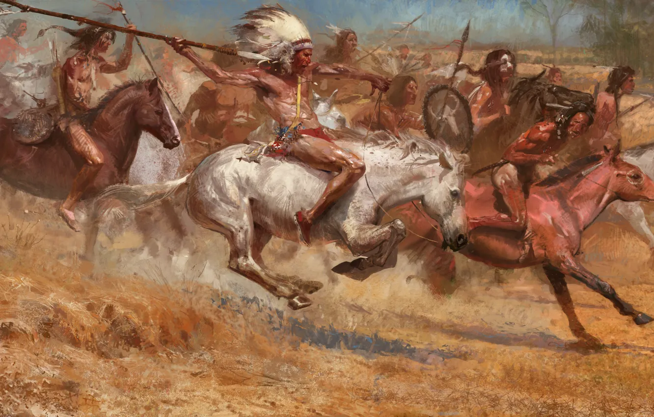 Photo wallpaper Running, The Indians, Horse, Warriors, Game, Spears, Age of Empires III