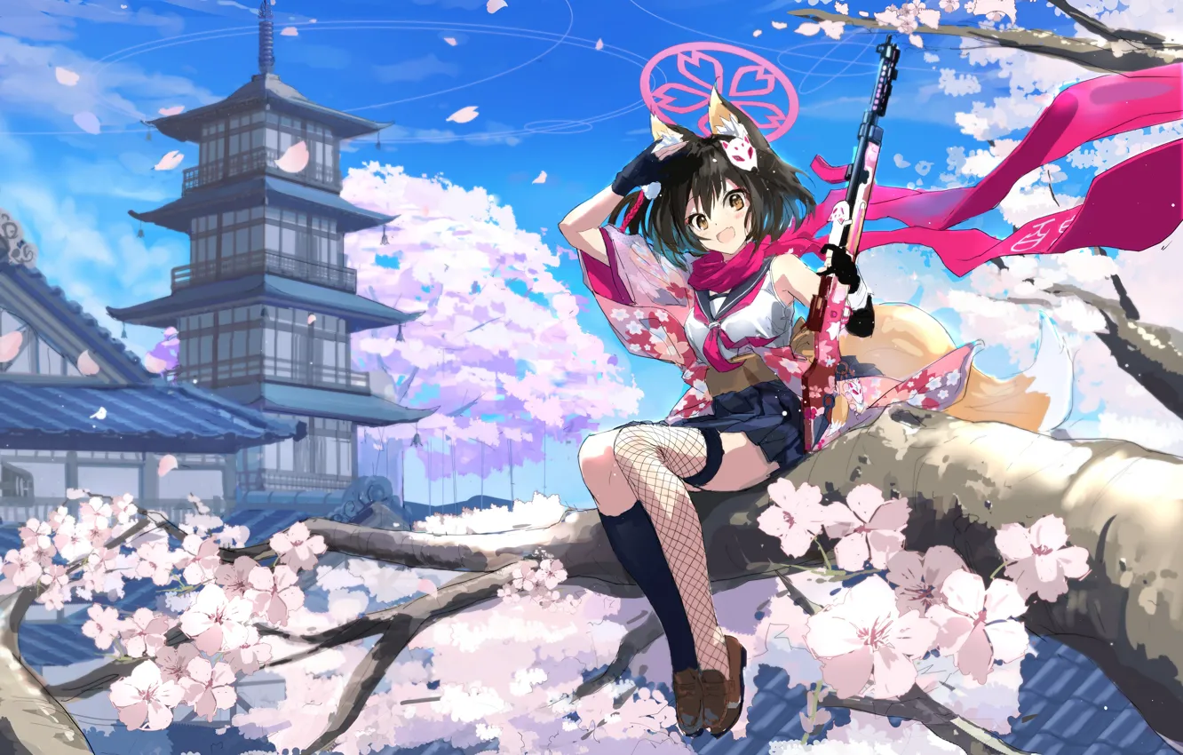 Photo wallpaper the sky, girl, weapons, Sakura, pagoda, flowering, ears, Izuna