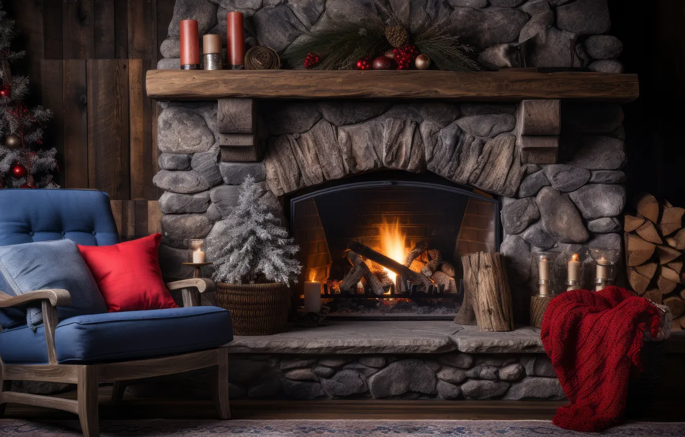 Photo wallpaper room, interior, chair, Christmas, New year, fireplace, Christmas, view