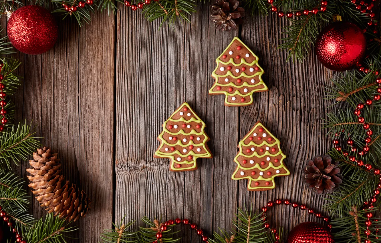 Photo wallpaper holiday, toys, new year, gingerbread, treat, fir-tree branches