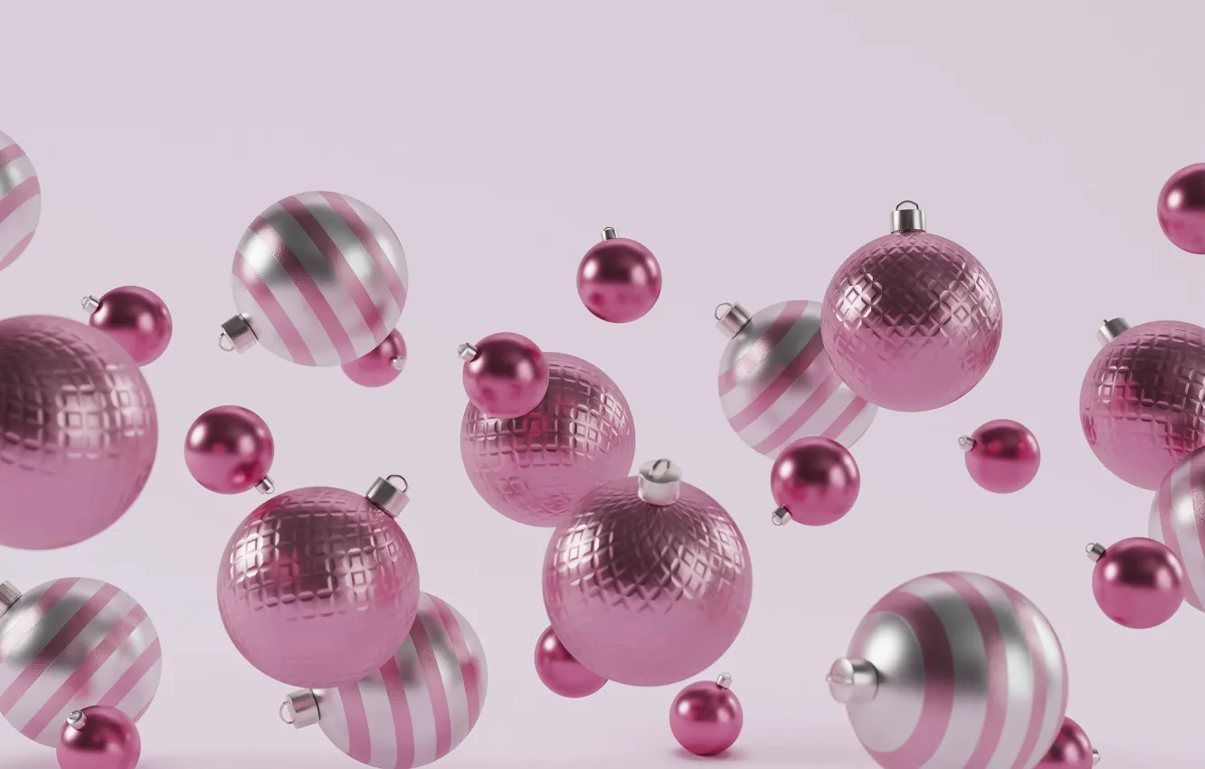 Photo wallpaper balls, flight, rendering, background, balls, new year, Christmas, pink