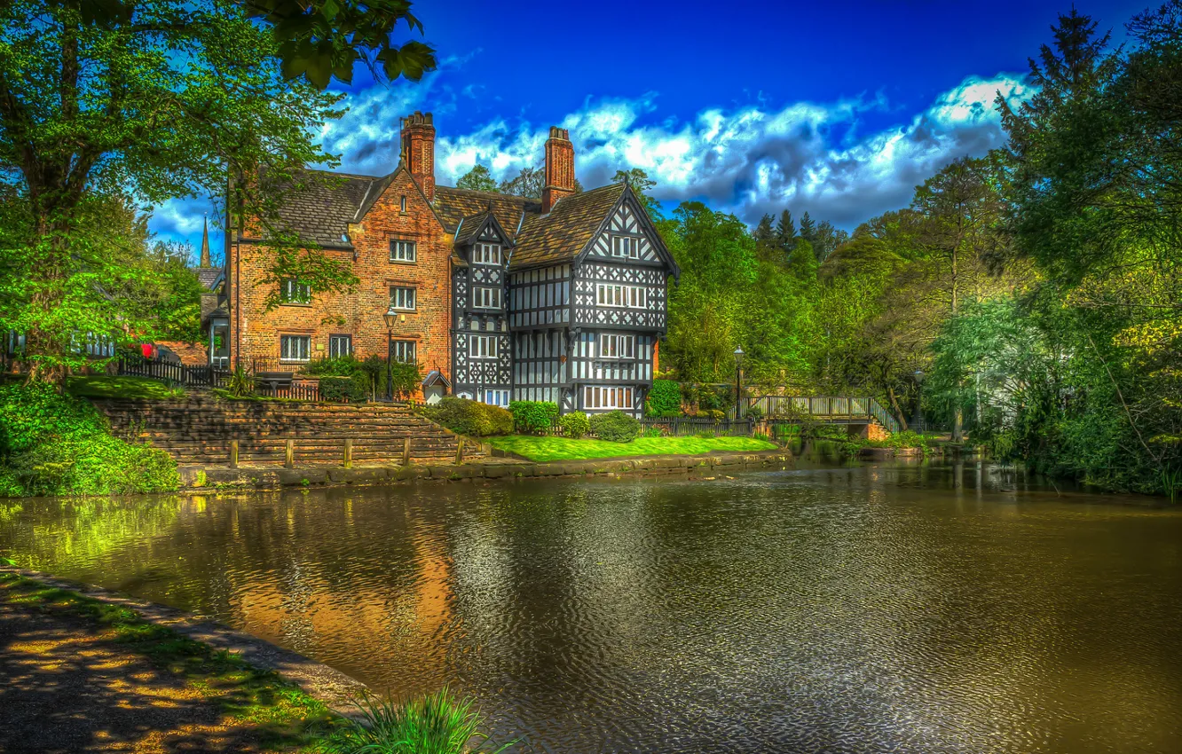 Photo wallpaper HDR, lake, water, greens, trees, mansion, home