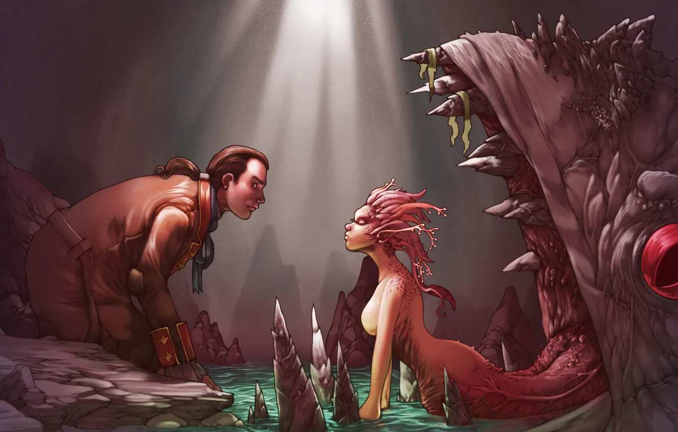Photo wallpaper language, girl, monster, mouth, cave, trap, guy, bait
