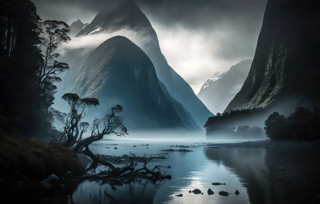 Photo wallpaper trees, landscape, mountains, nature, fog, rendering, rocks, shore