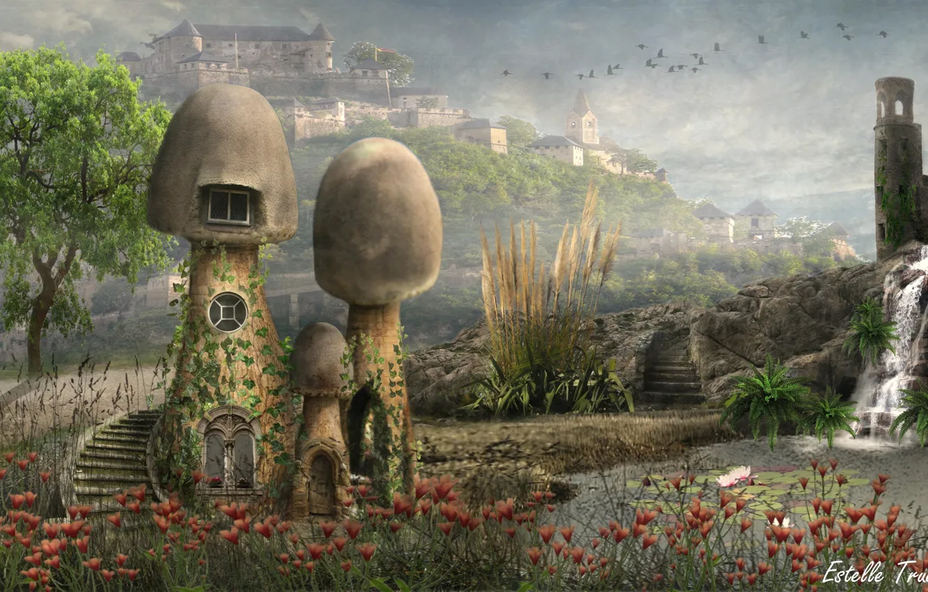 Photo wallpaper landscape, flowers, mushrooms, waterfall, houses