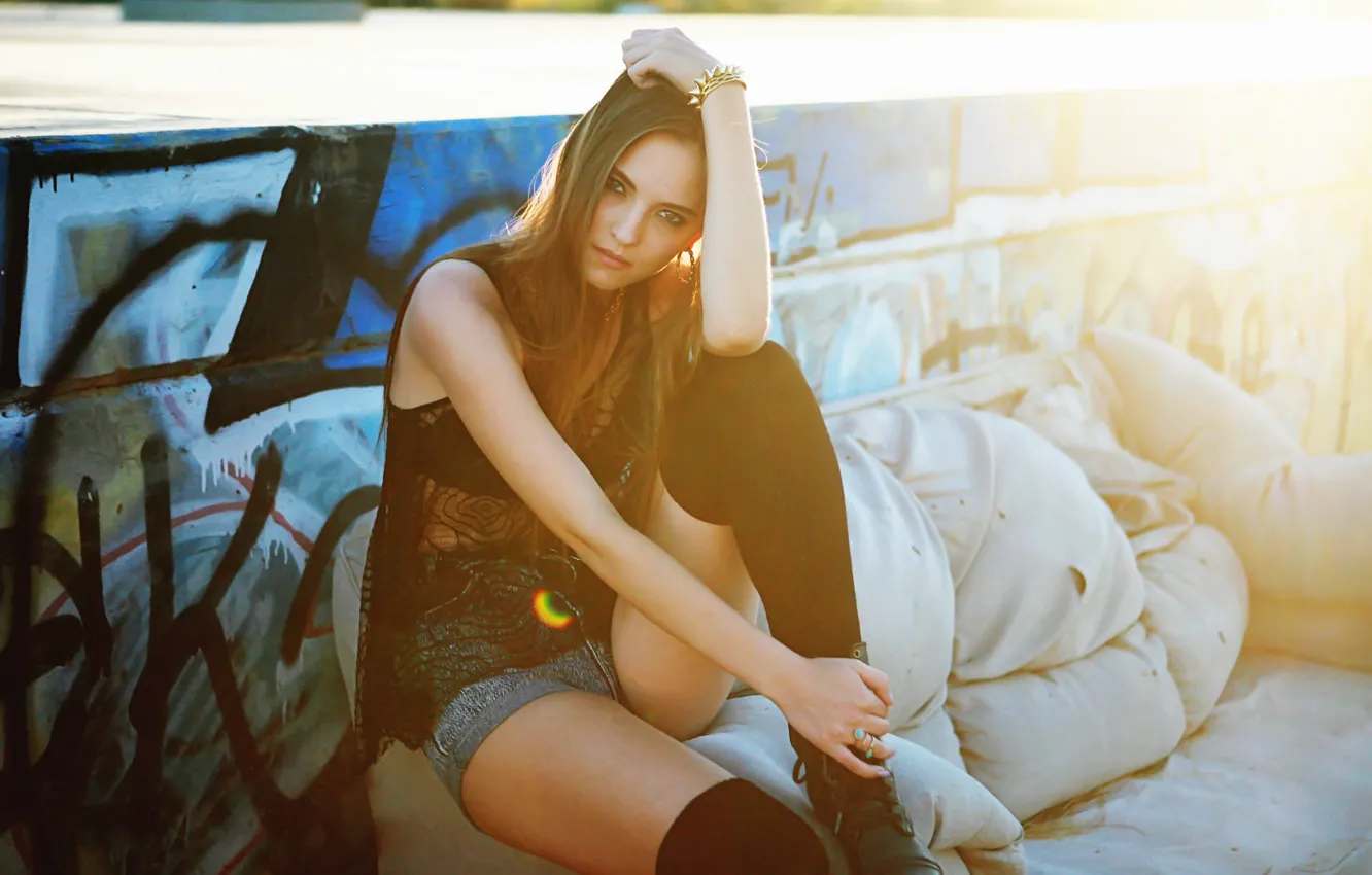 Photo wallpaper girl, graffiti, shorts, long hair, legs, brown hair, brown eyes, photo