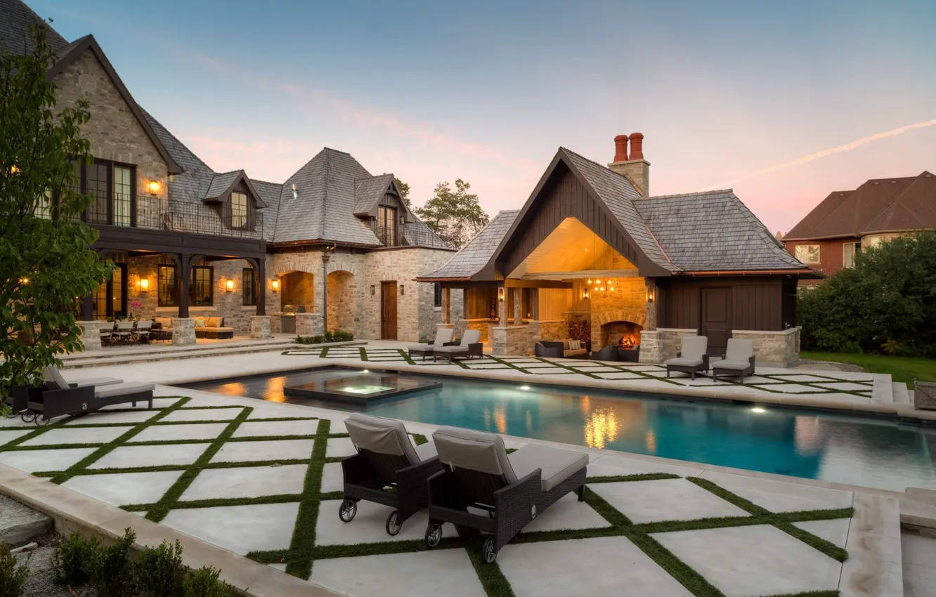 Photo wallpaper design, style, Villa, the evening, pool, lighting, oven, architecture