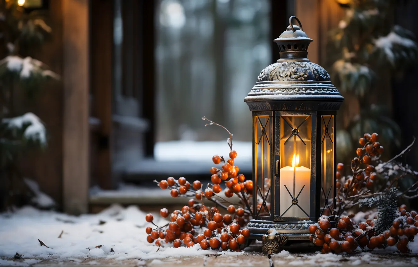 Photo wallpaper winter, snow, decoration, night, New Year, Christmas, lantern, light