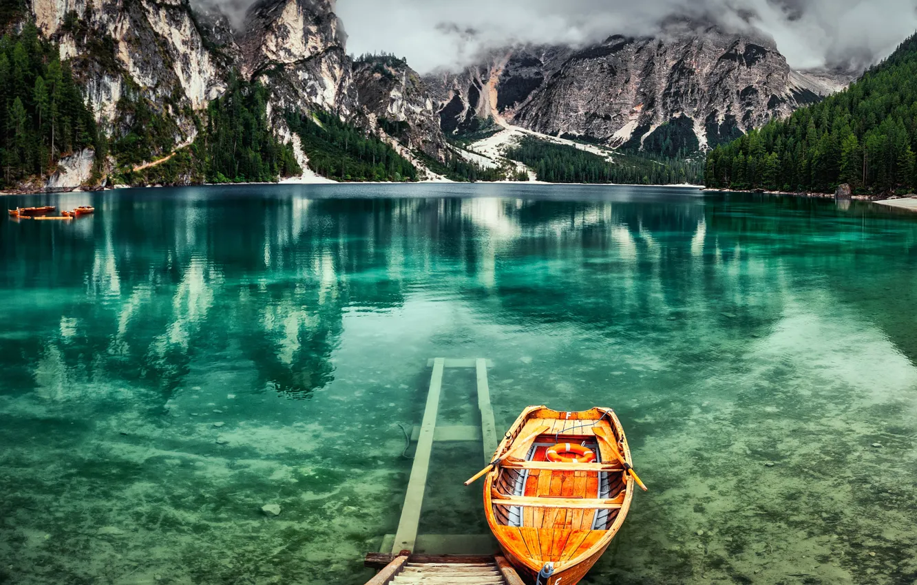 Photo wallpaper clouds, landscape, mountains, nature, lake, boats, Alps, Italy