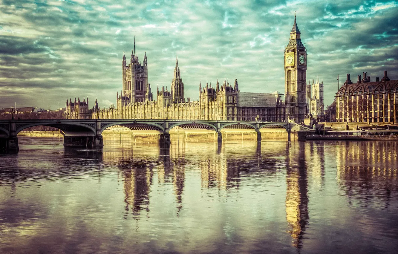 Photo wallpaper the sky, clouds, reflection, England, London, mirror, Big Ben, The Palace of Westminster