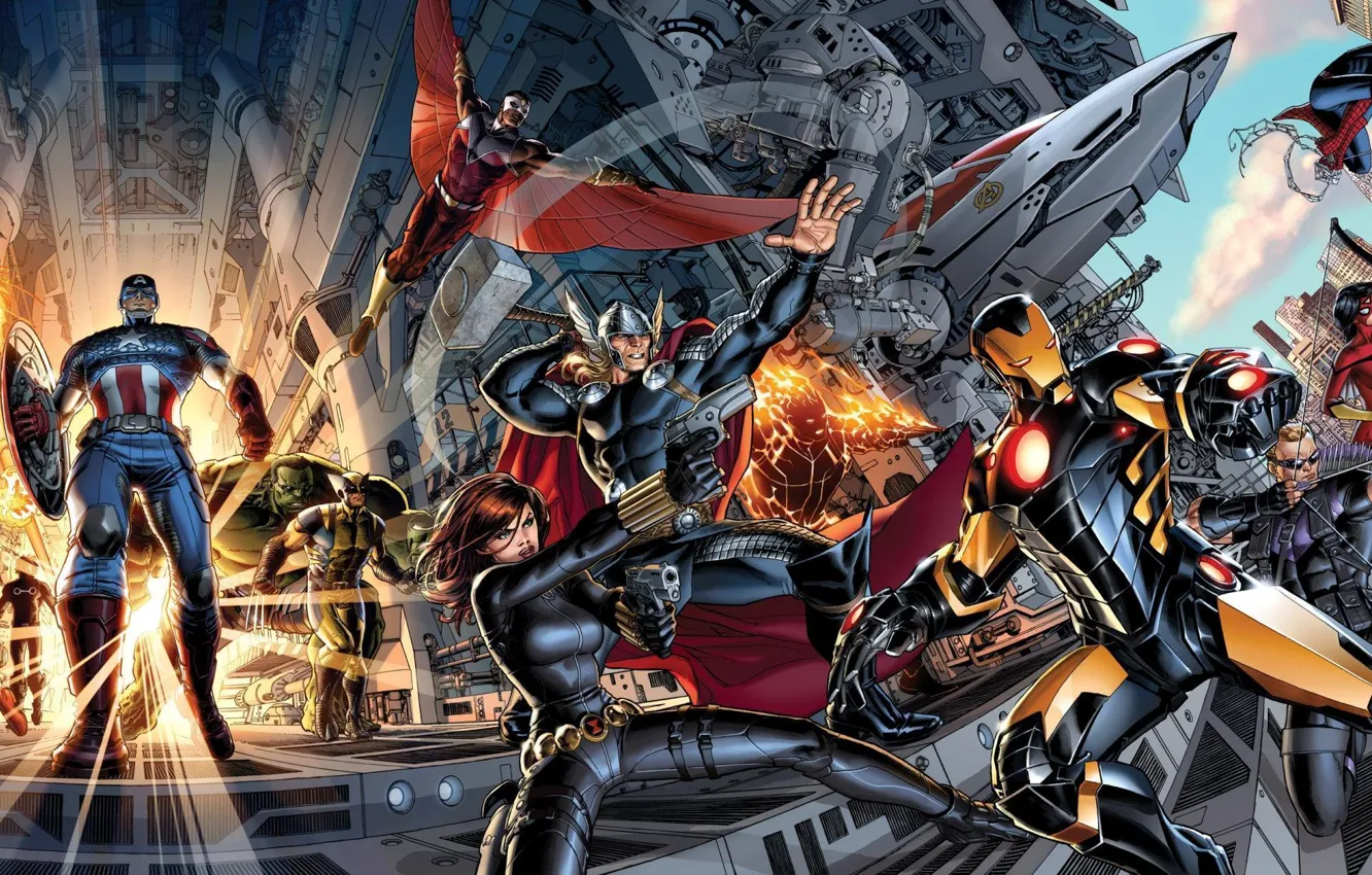 Photo wallpaper Iron Man, Marvel, Captain America, Thor, Black Widow, The Avengers, Spider-Man, Avengers