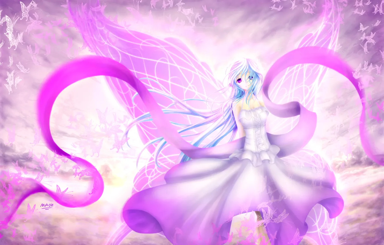Photo wallpaper girl, butterfly, wings, anime, art, tape, maoh