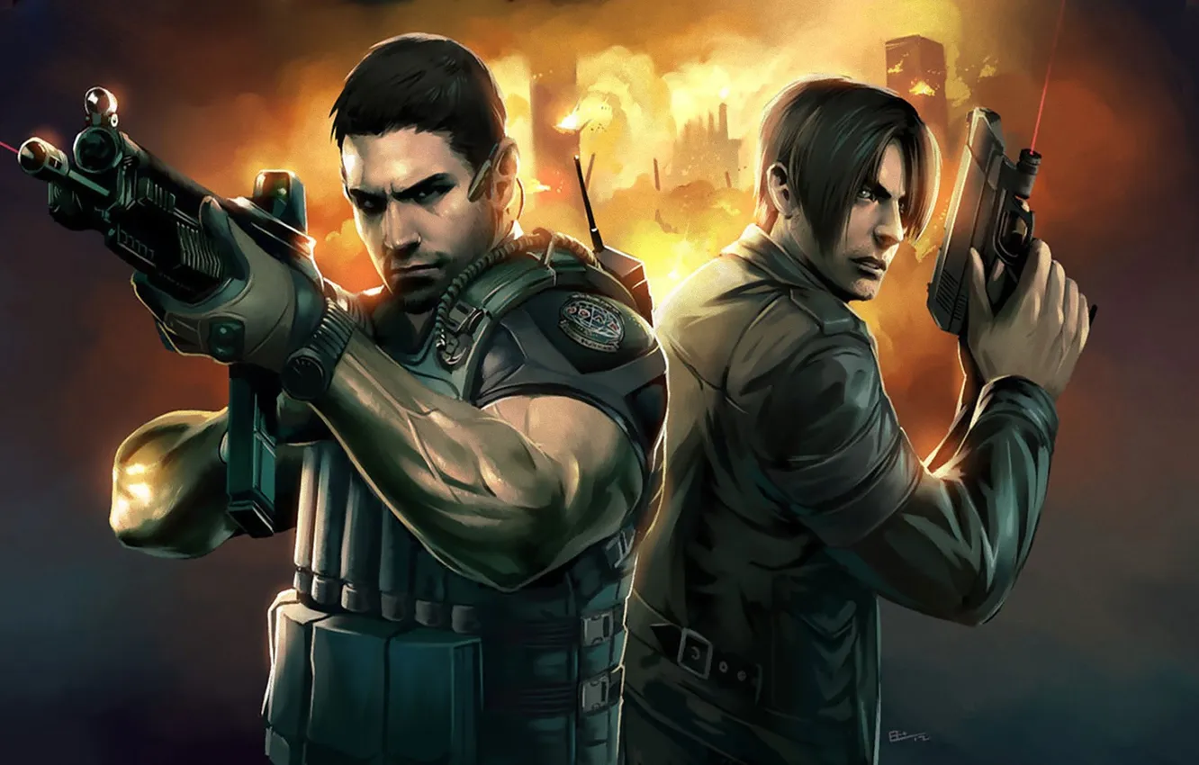 Photo wallpaper gun, machine, Resident Evil, Leon Scott Kennedy, Chris Redfield, Chris Redfield