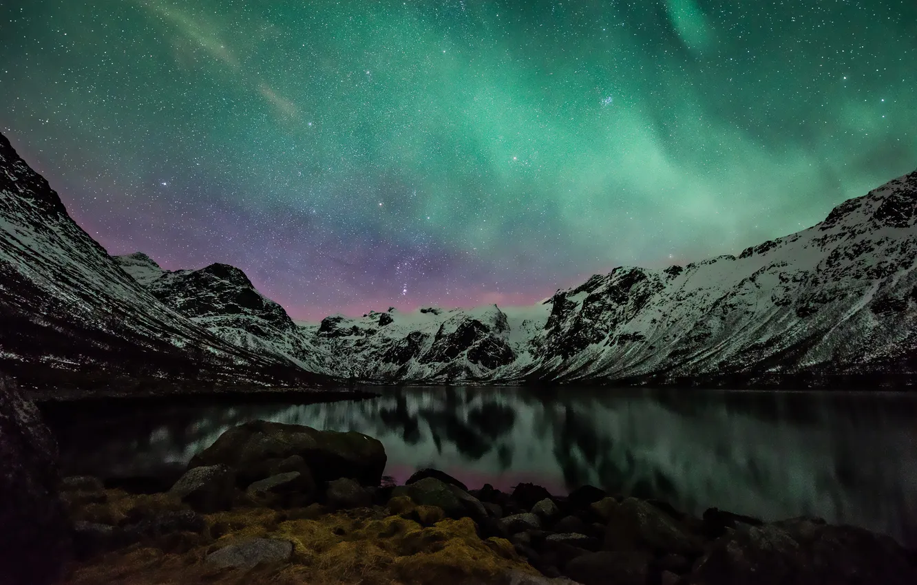 Photo wallpaper the sky, stars, mountains, reflection, Northern lights