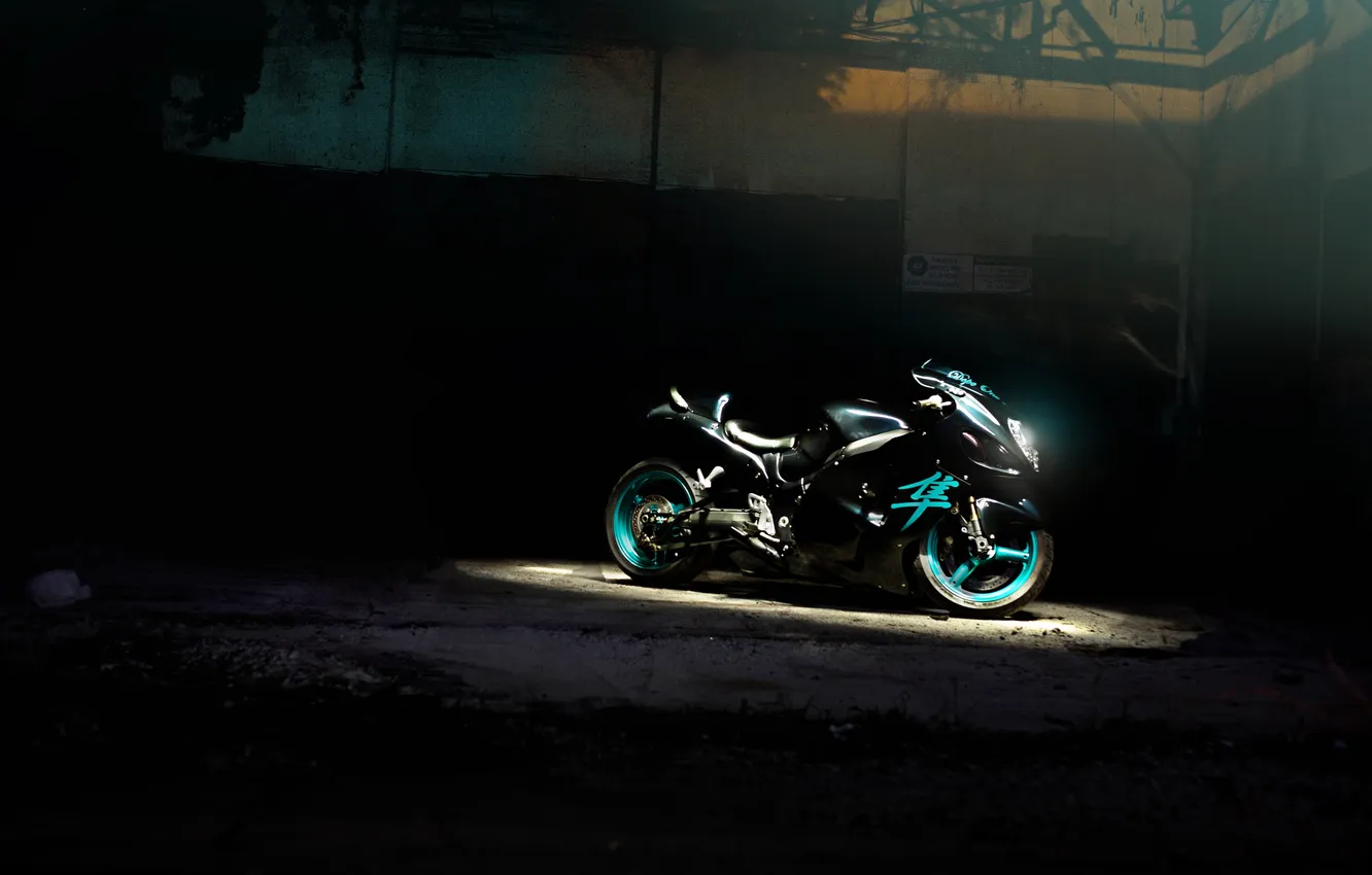 Photo wallpaper black, hangar, motorcycle, Hayabusa, black, Suzuki, gsx1300r, suziki