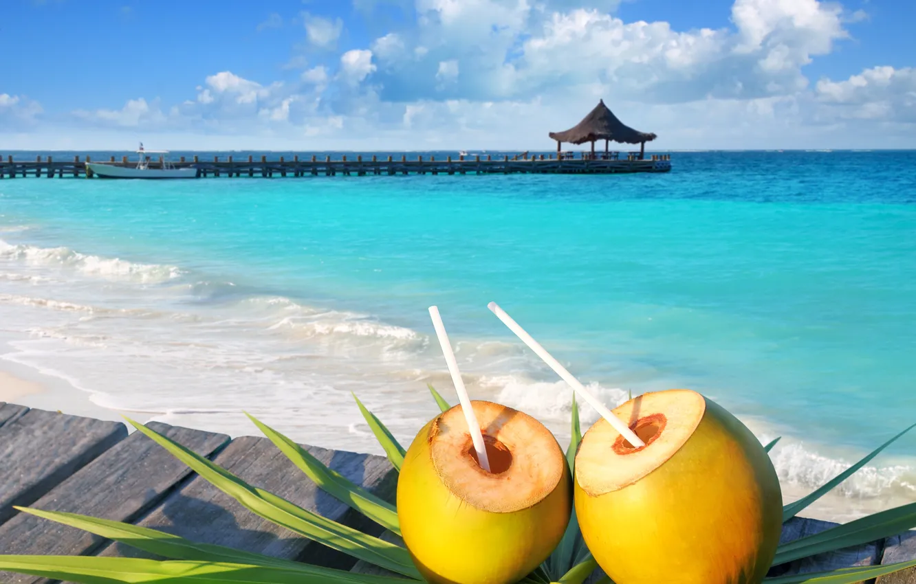 Photo wallpaper sea, beach, summer, coconut, cocktail, beach, sea, paradise
