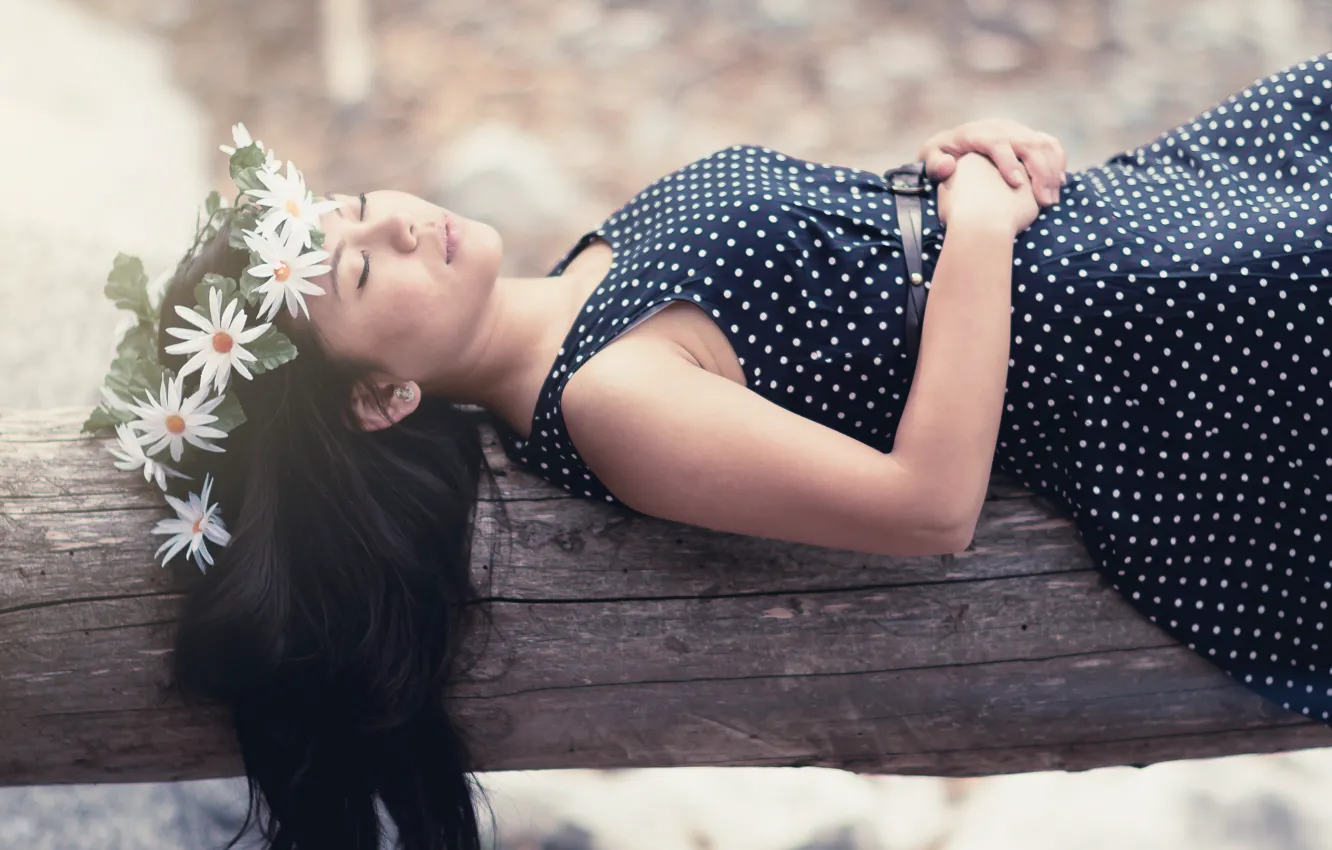 Photo wallpaper forest, river, hair, calm, black dress, river, wood, serenity