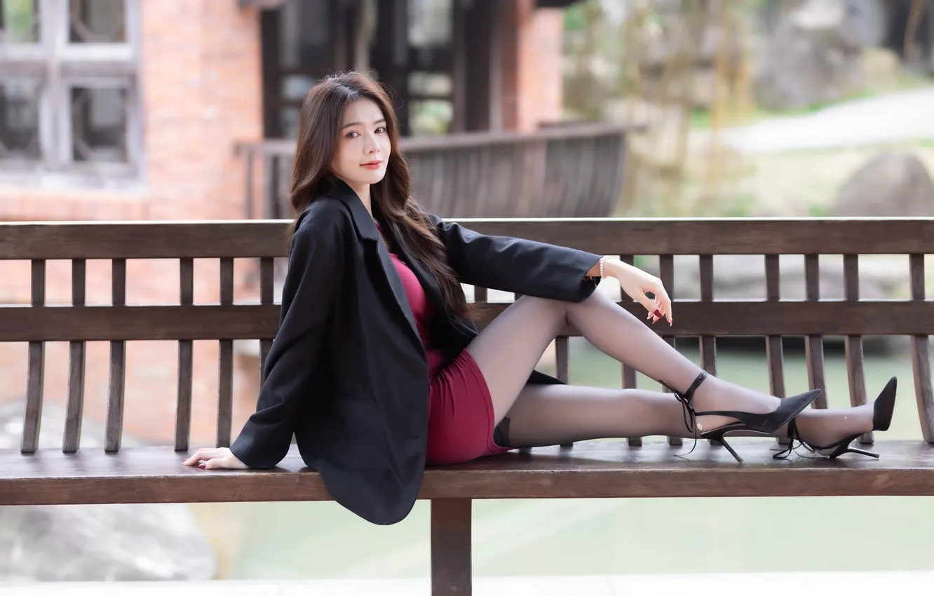 Photo wallpaper girl, dress, tights, legs, Asian, jacket
