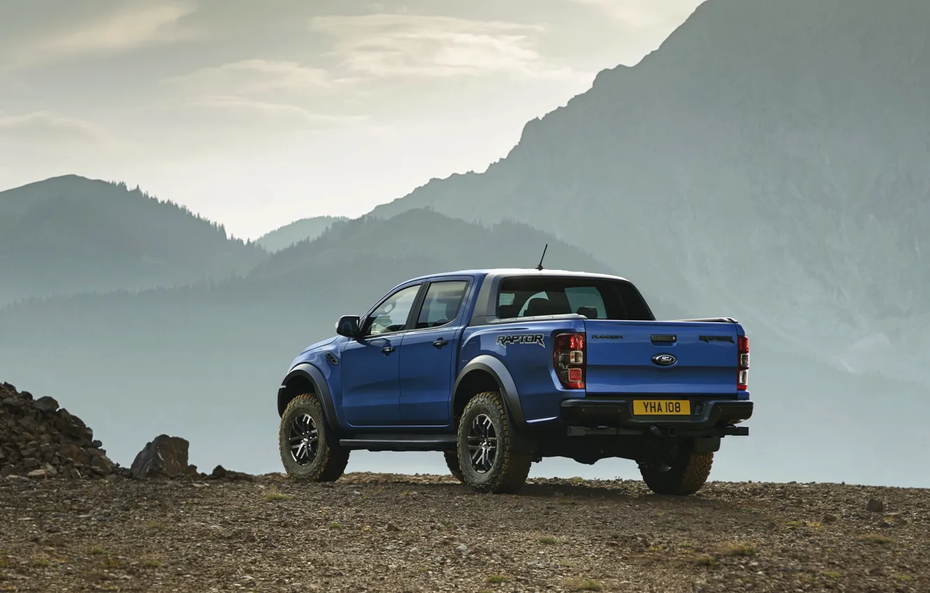 Photo wallpaper mountains, blue, open, Ford, Raptor, pickup, 2018, Ranger