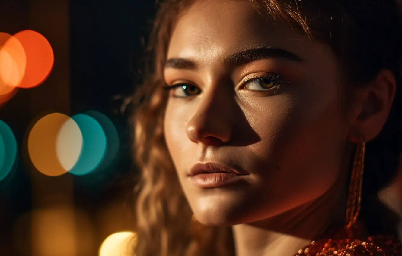 Photo wallpaper look, girl, light, close-up, face, lights, portrait, earrings