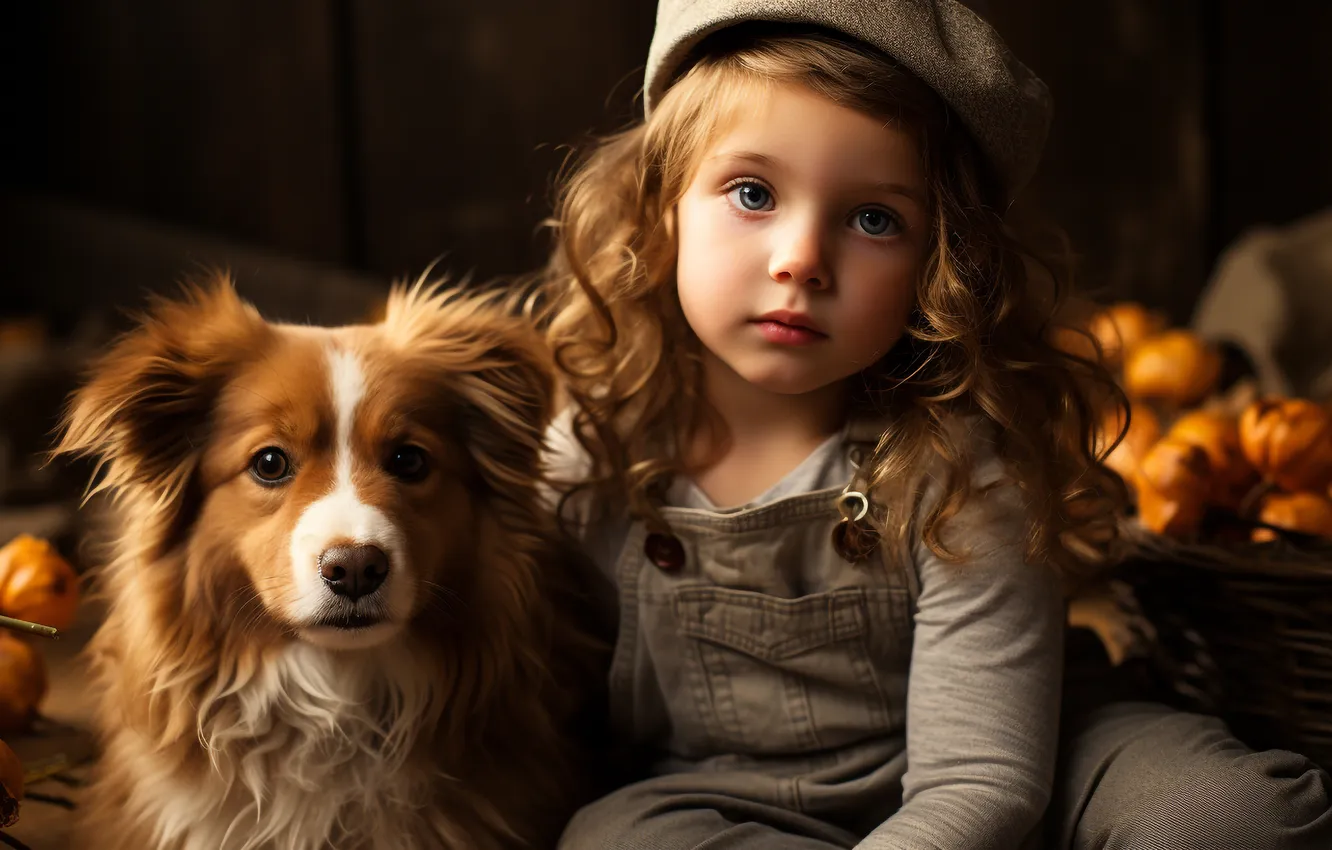 Photo wallpaper look, portrait, dog, girl, pumpkin, AI art, neural network
