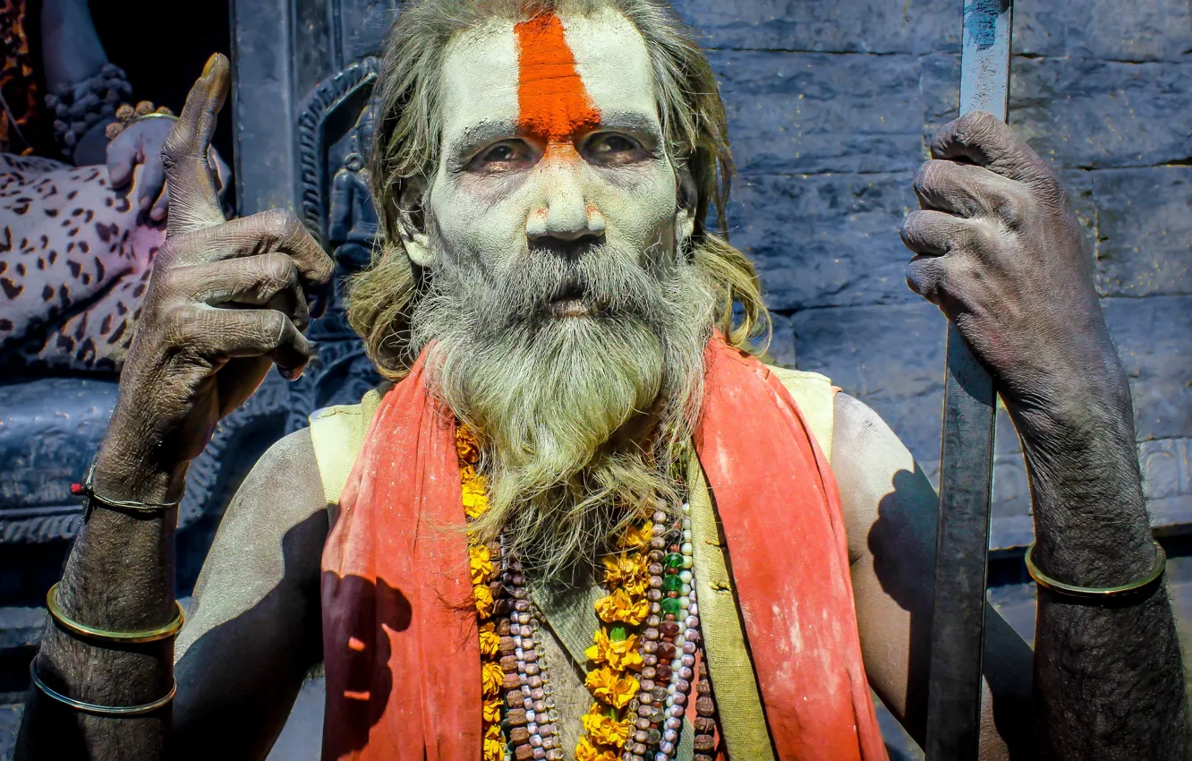 Photo wallpaper man, guy, Asia, jewels, India, beard, hindu, powder dye