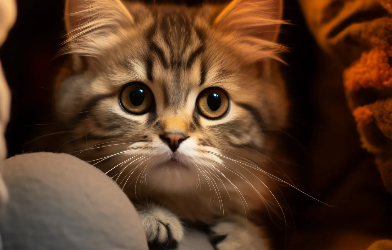 Photo wallpaper cat, look, pose, portrait, house, kitty, face, striped