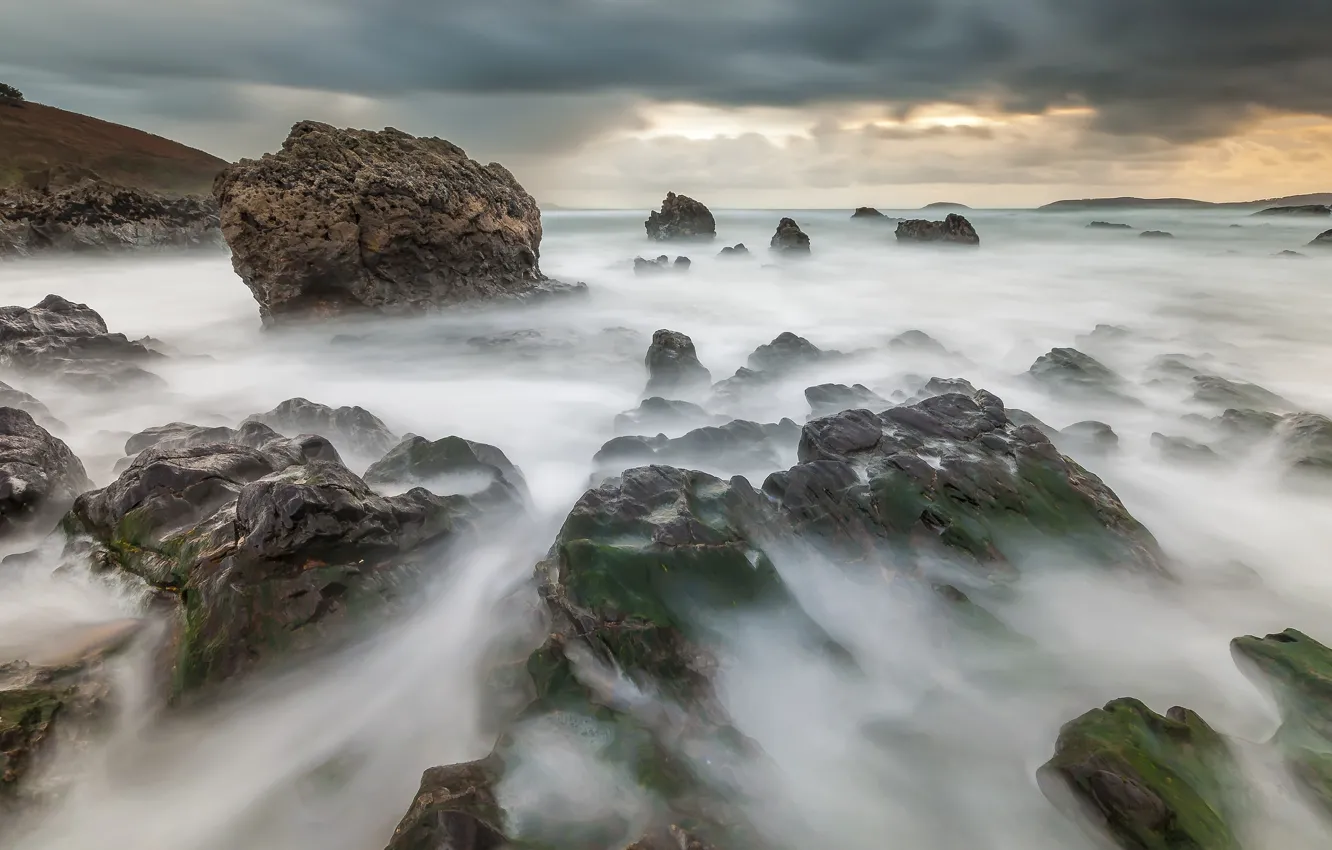 Photo wallpaper sea, the sky, clouds, clouds, fog, stones, overcast, rocks