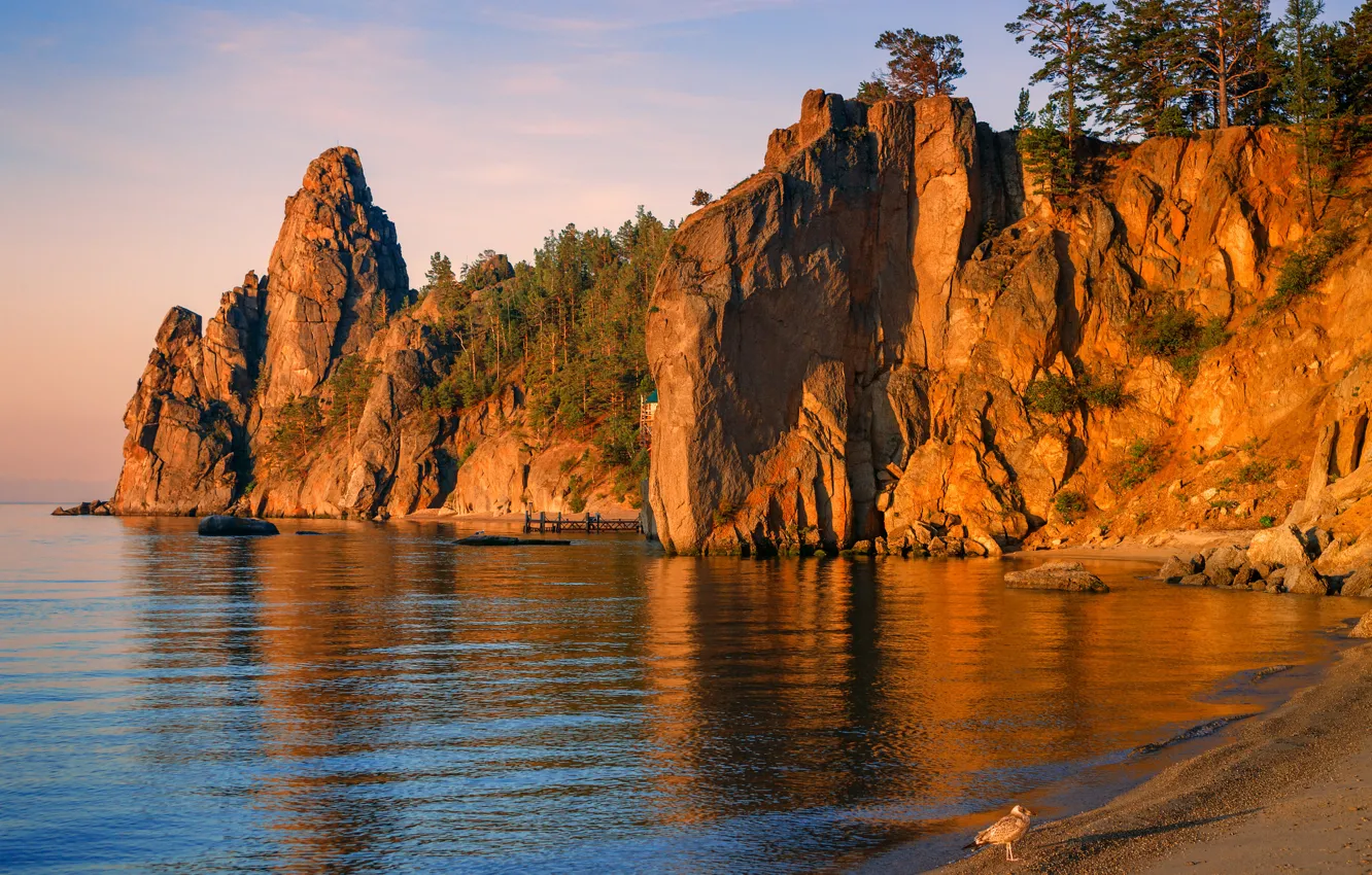 Photo wallpaper trees, sunset, lake, rocks, bird, shore, pier, Baikal