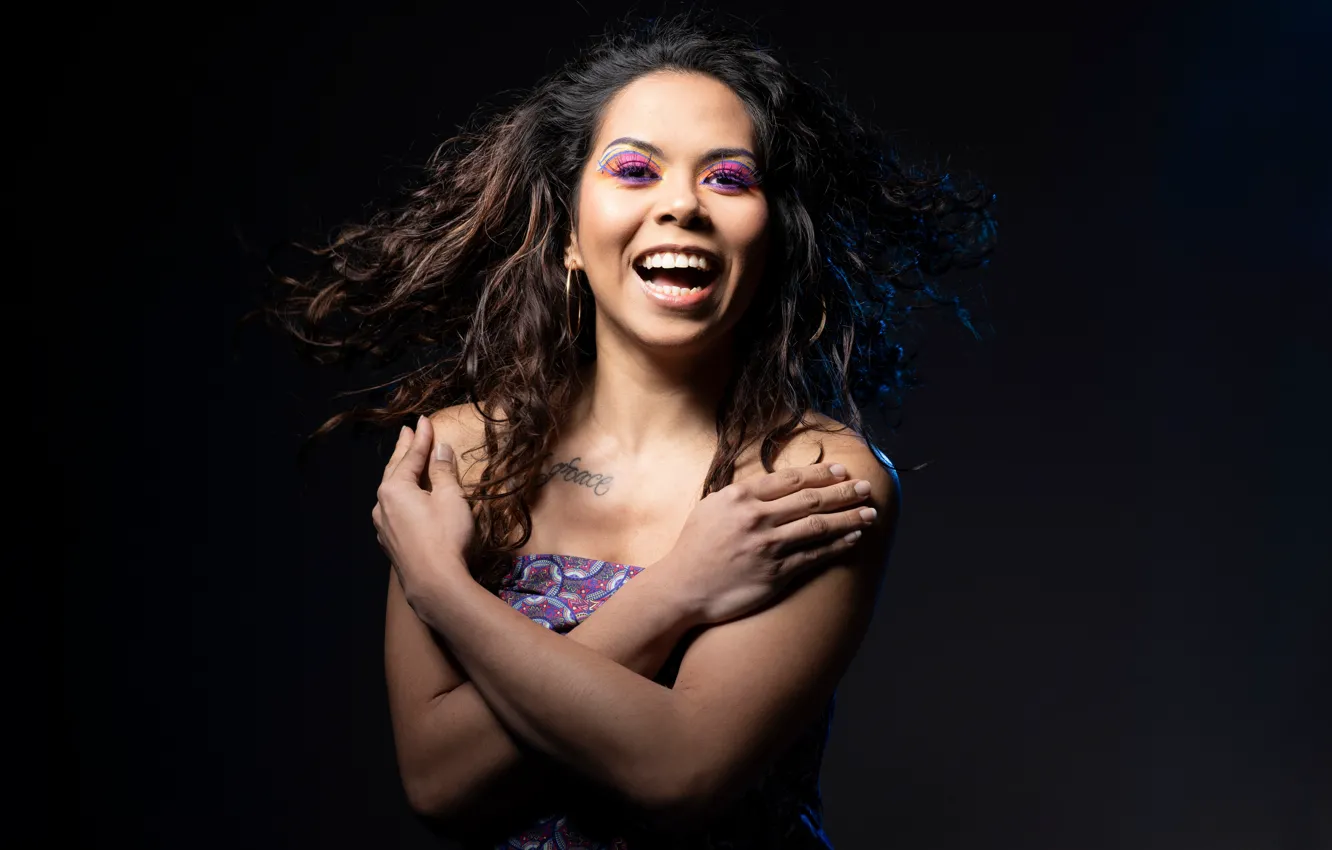 Photo wallpaper girl, emotions, laughter, hands, makeup