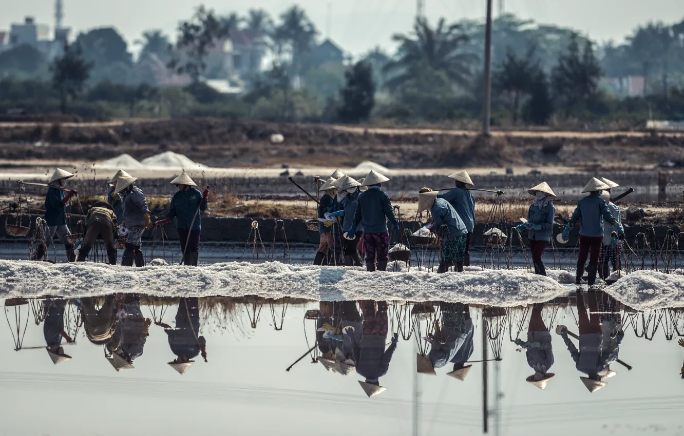 Photo wallpaper water, asia, people, Vietnam, workers, SALT FIELD WORKERS VIETNAM