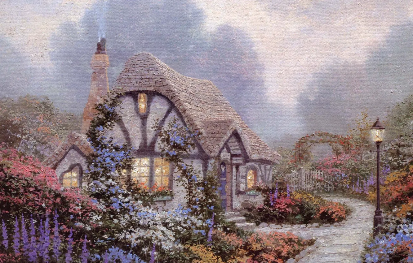 Photo wallpaper the sky, clouds, flowers, house, garden, lantern, painting, cottage