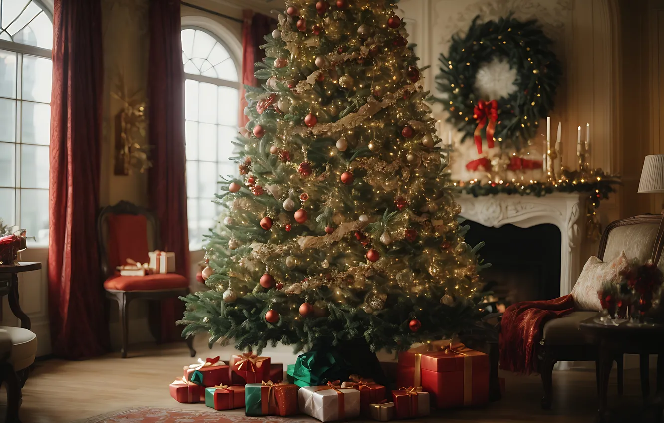 Photo wallpaper decoration, room, gift, tree, new year, interior, Christmas, Christmas