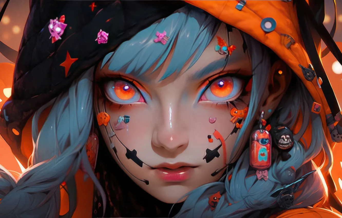 Photo wallpaper sequins, digital art, orange eyes, digital art, the girl's face, artificial intelligence, AI Art, neural …