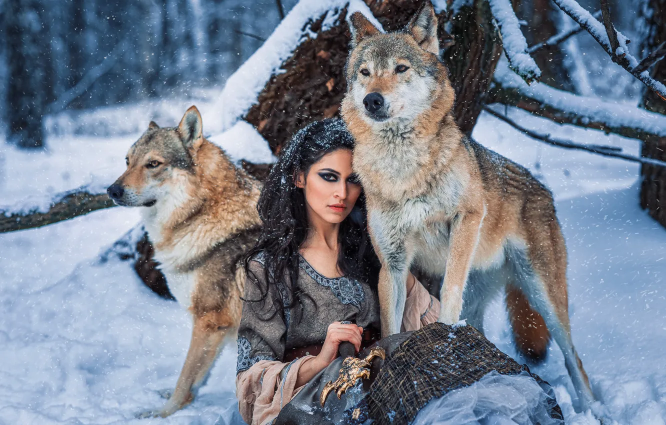 Photo wallpaper winter, forest, look, girl, snow, dress, brunette, wolves