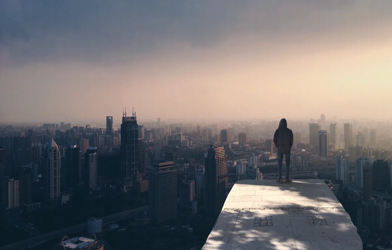 Photo wallpaper city, skyline, fog, alone, man, buildings, cityscape, person