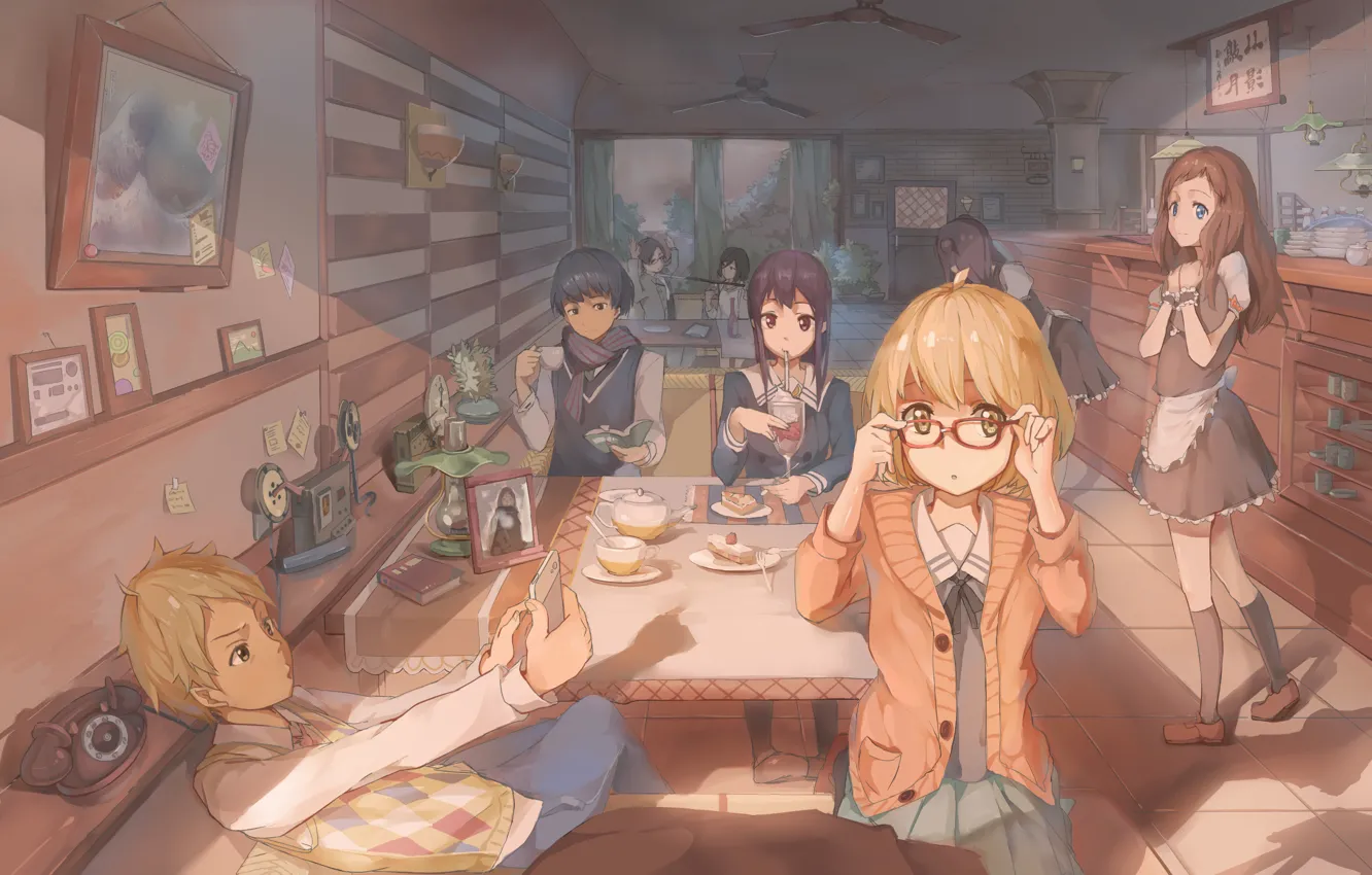 Photo wallpaper anime, art, cafe., kyoukai no kanata, Hiromi, NASA, Mirai Kuriyama, Akihito Kambara, Mitsuki, Nase
