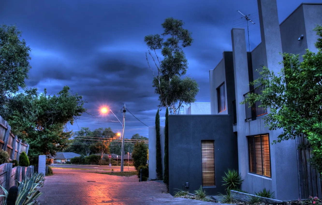 Photo wallpaper clouds, trees, the city, the moon, street, the fence, tree. leaves, evening. the sky