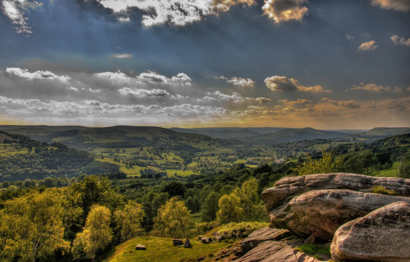 Photo wallpaper forest, the sky, clouds, mountains, stones, super