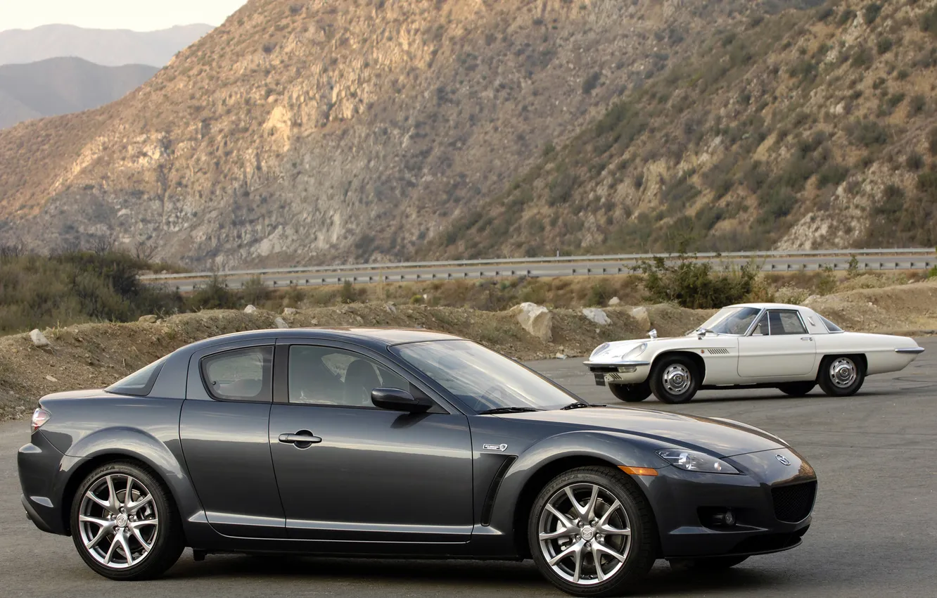 Photo wallpaper mountains, Mazda, Mazda, mixed, RX-8, old and new, Cosmo Sport